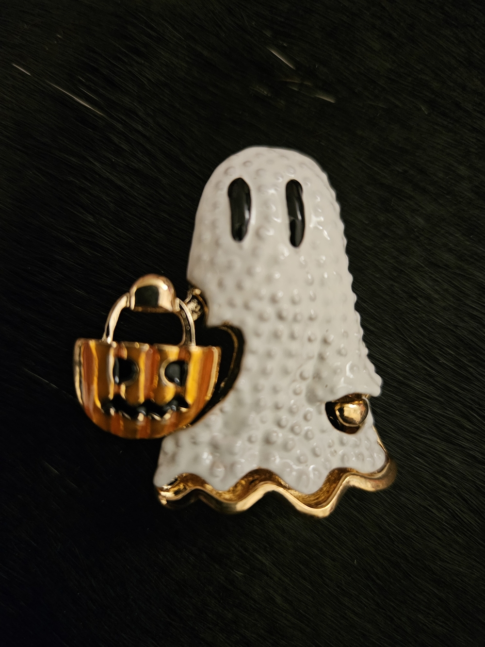 Cute White Ghost Halloween Pin with Gold Pumpkin Basket